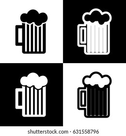 Glass of beer sign. Vector. Black and white icons and line icon on chess board.
