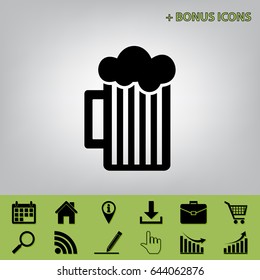 Glass of beer sign. Vector. Black icon at gray background with bonus icons 