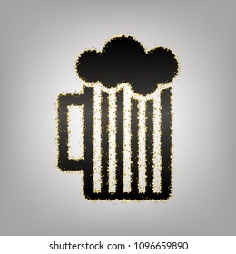 Glass of beer sign. Vector. Blackish icon with golden stars at grayish background.