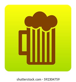 Glass of beer sign. Vector. Brown icon at green-yellow gradient square with rounded corners on white background. Isolated.