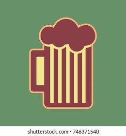 Glass of beer sign. Vector. Cordovan icon and mellow apricot halo with light khaki filled space at russian green background.