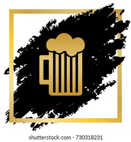 Glass of beer sign. Vector. Golden icon at black spot inside golden frame on white background.