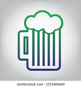 Glass of beer sign. Vector. Green to blue gradient contour icon at grayish background with light in center.