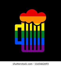 Glass of beer sign. Vector. Icon with colors of LGBT flag at black background.