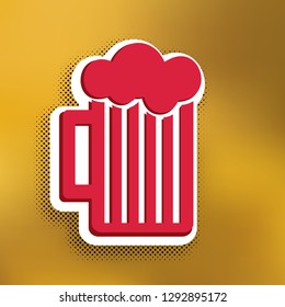 Glass of beer sign. Vector. Magenta icon with darker shadow, white sticker and black popart shadow on golden background.