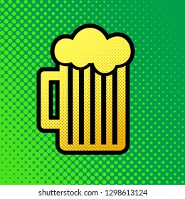 Glass of beer sign. Vector. Pop art orange to yellow dots-gradient icon with black contour at greenish background.