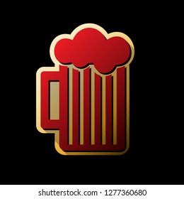Glass of beer sign. Vector. Red icon with small black and limitless shadows at golden sticker on black background.