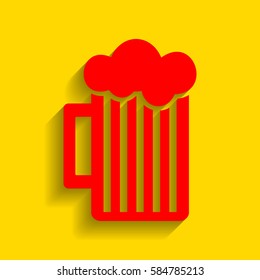 Glass of beer sign. Vector. Red icon with soft shadow on golden background.