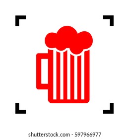 Glass of beer sign. Vector. Red icon inside black focus corners on white background. Isolated.