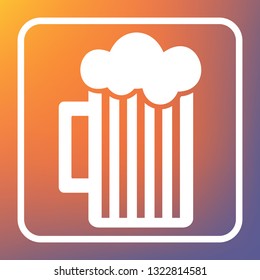 Glass of beer sign. Vector. White icon on transparent button at orange-violet gradient background.