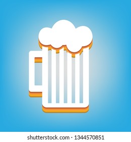 Glass of beer sign. Vector. White icon with 3d warm-colored gradient body at sky blue background.