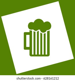 Glass of beer sign. Vector. White icon obtained as a result of subtraction rotated square and path. Avocado background.
