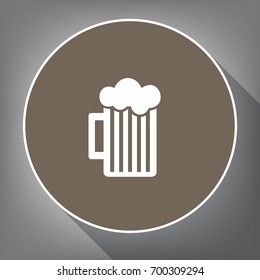 Glass of beer sign. Vector. White icon on brown circle with white contour and long shadow at gray background. Like top view on postament.