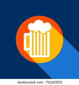 Glass of beer sign. Vector. White icon on tangelo circle with infinite shadow of light at cool black background. Selective yellow and bright navy blue are produced.