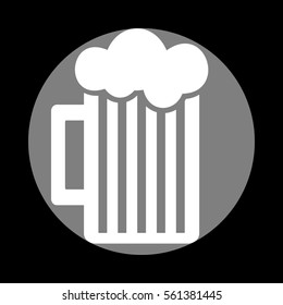 Glass of beer sign. White icon in gray circle at black background. Circumscribed circle. Circumcircle.