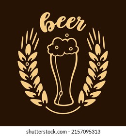 Glass of beer and silhouette of wheat ears. Beer logo Vector Illustration isolated on dark brown background. 