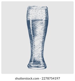 glass of beer sketch obsolete blue style vector illustration. Old hand drawn azure engraving imitation.