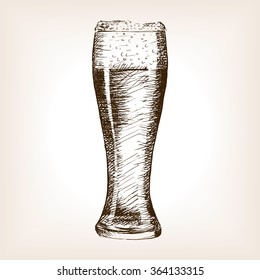 Glass of beer  sketch style vector illustration. Old engraving imitation. Hand drawn sketch imitation