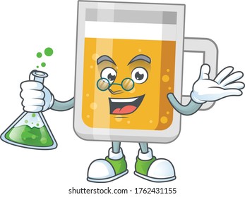 Glass of beer smart Professor Cartoon character holding glass tube on the lab
