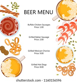 Glass of beer and snack on the white background. Top view menu. Vector illustration eps 10.