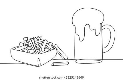 A glass of beer with a snack. Salty croutons for beer. International Beer Day. One line drawing for different uses. Vector illustration.