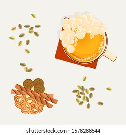 Glass of beer and snack. Top view on the white background. Flat Art Vector illustration