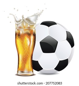 Glass of beer and soccer (football) ball illustration.