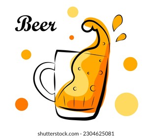 
A glass of beer with splashes on a white background. Vector illustration in doodle style