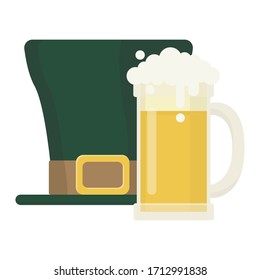 Glass of beer with st Patrick hat flat icon. Beer illustration. Vector.