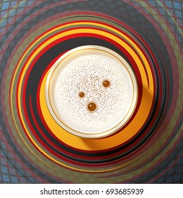 Glass of beer stand on the background from traditional german colors red, yellow, black. Beer foam with bubbles on top view. Vector realistic 2