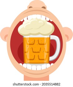 Glass of beer stands in an open mouth on a white background. Oktoberfest