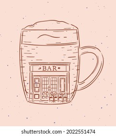 Glass of beer a storefront of bar drawing in vintage style on peach background
