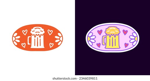 Vidrio de emblema de cerveza y girasol, ilustración de logotipo, camiseta, pegatina o prendas de vestir. Con doodle, retro, groovy y estilo de dibujos animados.