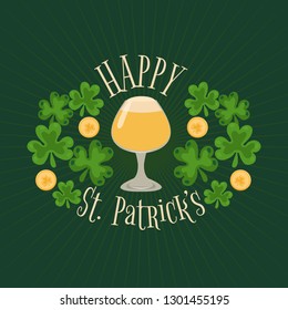 Glass of beer as a symbol of St. Patrick's Day. St. Patrick's beer festival with clover leaves and leprechaun's gold coins.