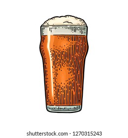 Glass with beer. Vintage color vector engraving illustration. Isolated on white background.