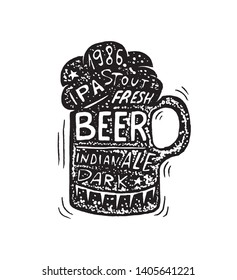 Glass of beer in vintage style. Alcoholic Label with calligraphic elements. Classic American badge for poster banner. Hand drawn engraved sketch lettering for web, pub menu.