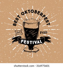 Glass with beer in vintage style with hand drawn graphic elements