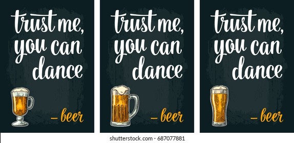 Glass beer. Vintage vector engraving illustration for web, poster, invitation to party. Trust me you can dance lettering. Isolated on dark background.