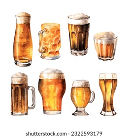 Glass of beer in watercolor style on white background for menu