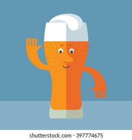 Glass of beer waving hand. Flat style vector illustration . Funny cartoon character