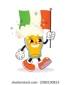 Glass of beer waving Irish flag. Cartoon character. Vector illustration