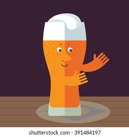 Glass of beer with welcome hands. Flat style vector illustration . Funny cartoon character