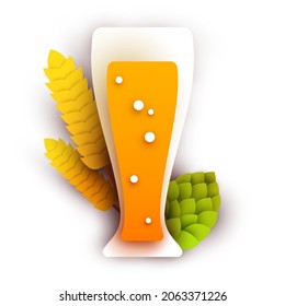 Glass of beer with wheat and green hops in modern geometric style. Minimalistic paper cut design element. Template for branding event, ads, background. Vector illustration.