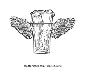 glass of beer with wings sketch engraving vector illustration. T-shirt apparel print design. Scratch board imitation. Black and white hand drawn image.