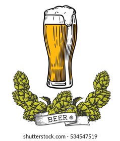 Glass of  beer with  wreath of hops and ribbon on white background, hand-drawing. Vector vintage engraved illustration.