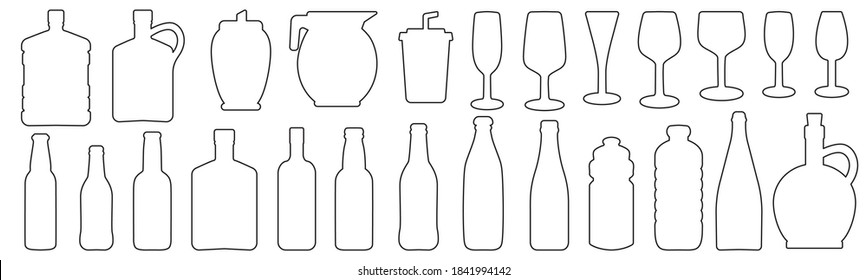 Glass, beverage and bottle outline icons set vector illustration