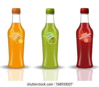 Glass beverage bottle set. Fresh juices, lemonade, drinks in a realistic, 3d style. Mock-up for your product design. Isolated on white background with reflection. Vector illustration