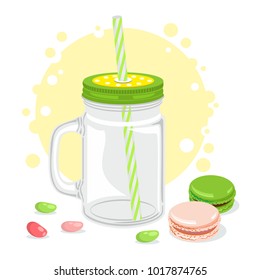 
A glass beverage cup with a collection of straw. Vector illustration.