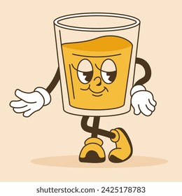 Glass with beverage emoticon. Mascot or character with facial expression, hands and legs. Isolated smiling cartoon personage with positive attitude. Sticker or emoji design. Vector in flat style