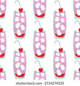 Vidro com fundo de bebida, gelo e cereja. Coquetel tropical sem costura padrão. Bebida alcoólica. Limonada de verão legal. Bebida refrescante feita de gin. Ilustração de vetor de design plano desenhado à mão.
